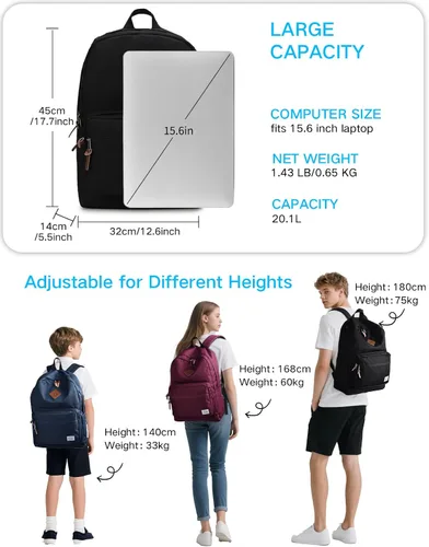 Vista 2 de RAVUO Mochila escolar para adolescentes, niños y niñas, grande de 20 litros, resistente al agua, 15.6 pulgadas, con bolsillo trasero antirrobo, 10