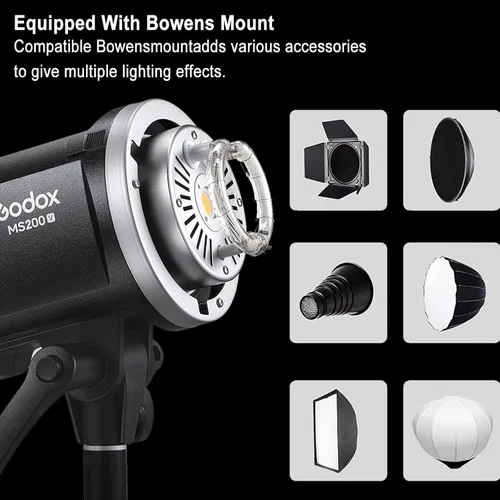 Vista 4 de Godox MS200-V MS200V 200W - Luz estroboscópica compacta de estudio, GN53 0.1-1.8S Tiempo de reciclaje, sistema 2.4G X, montaje Bowens con lámpara