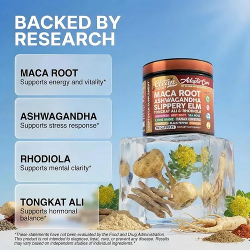 Vista 3 de Cápsulas de raíz de maca orgánica Clean Nutra para mujeres + Ashwagandha, corteza de olmo resbaladiza, tongkat ali, rodiola rosea, fenogreco