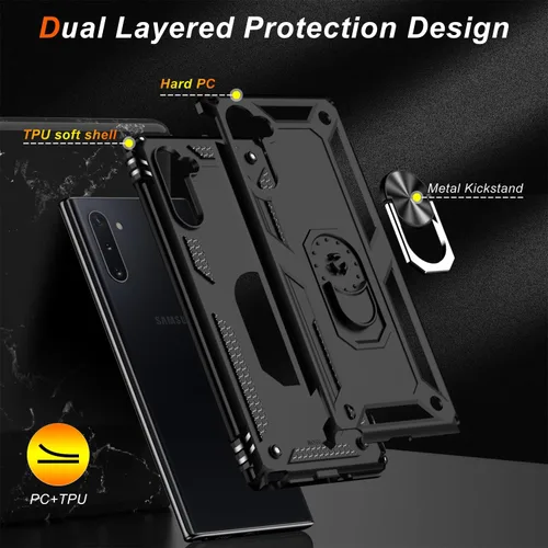 Vista 7 de LUMARKE Funda protectora para Galaxy Note 10, pasa 16 pies, prueba de caídas de grado militar, resistente con soporte de anillo magnético, Negro