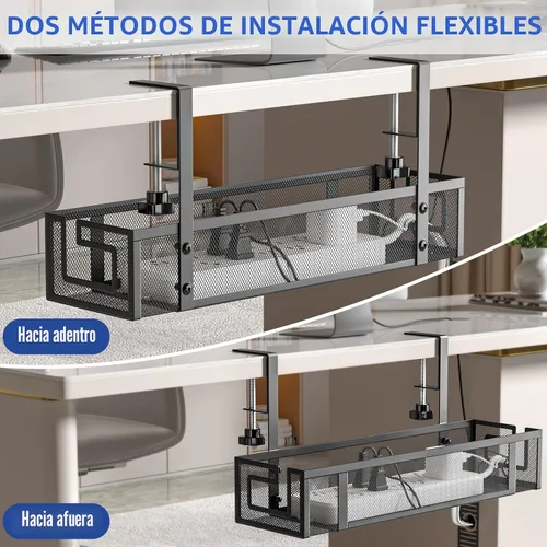 Vista 7 de Bandeja de organización de cables para debajo del escritorio, 15.75 pulgadas, organización de cables sin taladro, organizador de cables de metal