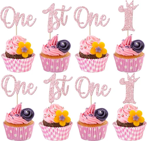 Vista 12 de Paquete de 24 adornos para cupcakes de un cumpleaños, con purpurina para el primer cumpleaños, coronas, decoraciones de pastel feliz para el primer