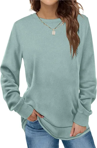 Vista 2 de Sudadera básica para mujer, manga larga, lisa, cuello redondo, sin botones, ajustada, túnica casual