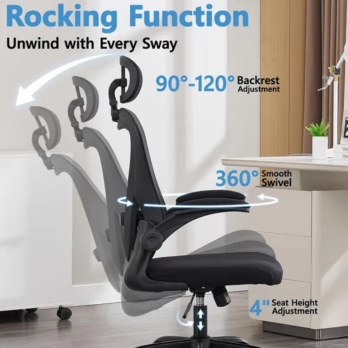 Vista 5 de Office Chair, Ergonomic Office Chair with Headrest, Comfy Home Office Desk Chairs with Lumbar Support & Flip-up Armrests, 330LBS High Back Mesh