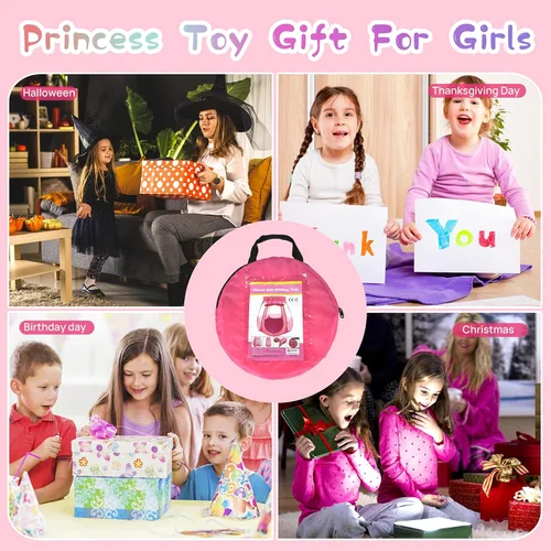 Vista 6 de Pozo de pelotas para bebés con 50 bolas, tienda de campaña desplegable de princesa con luces de estrella para regalo de cumpleaños de 1, 2 a 3 años