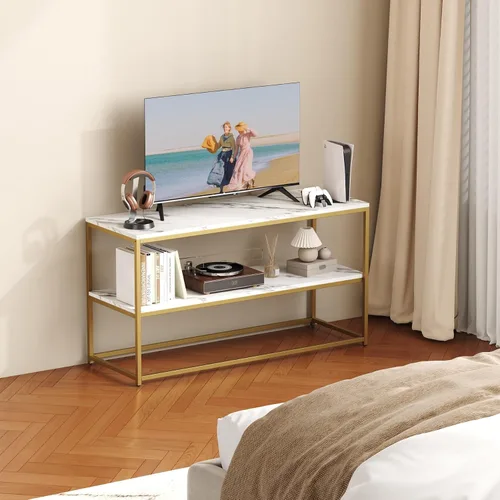 Vista 4 de Function Home Soporte de TV para televisores de hasta 50 pulgadas, centro de entretenimiento de 2 niveles, mueble de TV moderno con parte superior