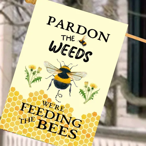 Vista 5 de Banderas de Jardín de Abeja de Verano para Exterior Disculpen las Malezas, Estamos Alimentando a las Abejas, Letrero de Patio, Sin Corte de Césped