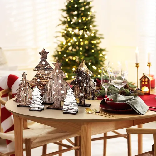 Vista 6 de 6 piezas de decoración de mesa de árbol de Navidad de madera, 6 tamaños, decoración de árbol de Navidad de madera independiente, letreros rústicos