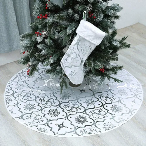 Vista 10 de Falda de árbol de Navidad, tapete grande de franela roja de 48 pulgadas con patrones dorados de Navidad para árbol de Navidad, decoración de fiesta