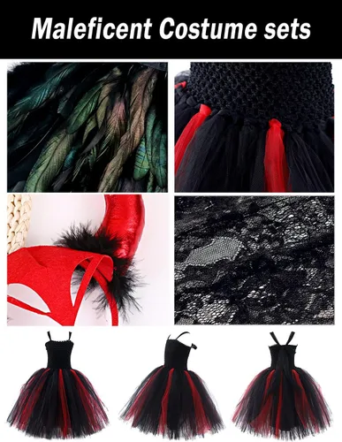 Vista 5 de L'VOW Vestido de princesa con encaje y tutú de tul para Halloween con cuernos de maléfica, capa de plumas
