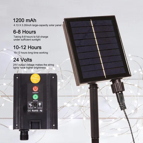 Vista 3 de Cadena de luces solares para exteriores, 100 pies, 300 LED, luces solares de hadas impermeables, botón de 8 modos, cadena de luces solares