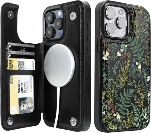Vista 32 de uCOLOR - Funda tipo cartera para iPhone 15 con tarjetero y diseño de lunares con leche de almendra Bloqueo RFID de piel sintética para mujeres