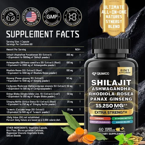 Vista 6 de Paquete de musgo marino y shilajit, musgo marino 7000 mg, aceite de semilla negra 4000 mg, Ashwagandha 2000 mg, jengibre y shilajit 9000 mg