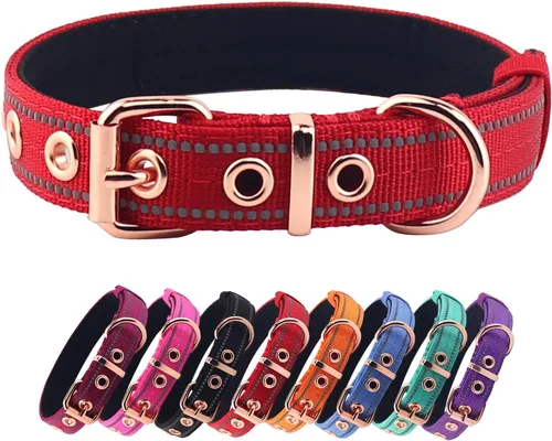 Vista 9 de Collar de Perro de Neopreno Acolchado, Collar de Nylon para Perros Pequeños a Grandes, Resistente con Hebilla de Metal, Reflectante (Pequeño, Negro)