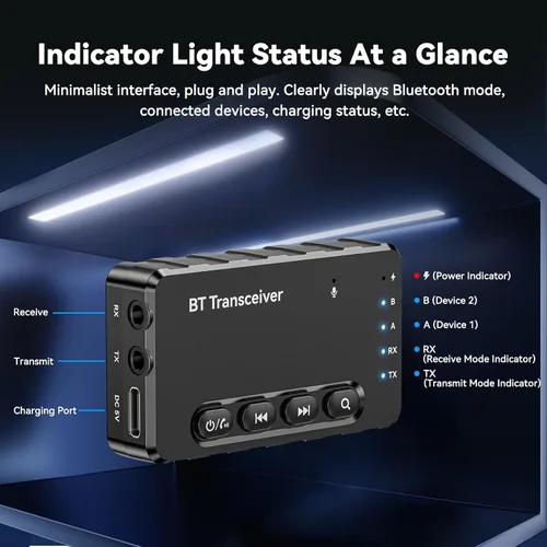 Vista 2 de Receptor transmisor Bluetooth aptX adaptativo/baja latencia/HD Bluetooth adaptador 5.2 compatible con 2 teléfonos AirPods, receptor de audio