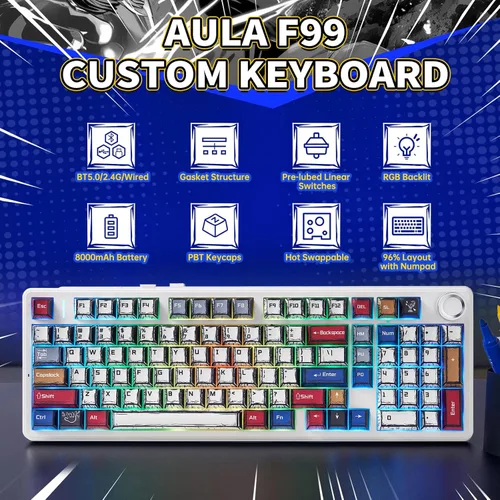 Vista 2 de x Aula F99 Pro Teclado Mecánico, Teclados Inalámbricos para Juegos RGB Retroiluminados Intercambiables en Caliente Personalizados en Crema