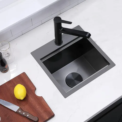 Vista 6 de IKEBANA Fregadero de barra negro de 15 x 15 pulgadas, fregadero de barra sumergible de acero inoxidable de calibre 16, montaje en la parte superior