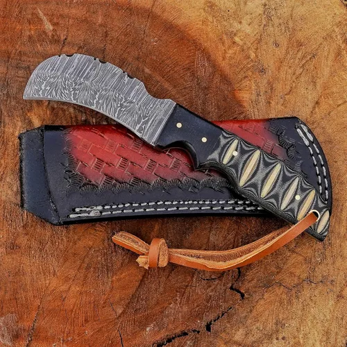 Vista 5 de Cuchillo de Hawkbill de Lineman hecho a mano de acero 1095 con funda de cuero, cuchillo de utilidad resistente para electricistas y pelado de cables