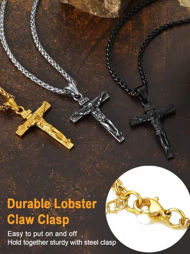 Vista 6 de U7 Colgante de cruz de crucifijo para hombre con cadena de bautismo, joyería cristiana, acero inoxidable, oro de 18 quilates, collar antiguo