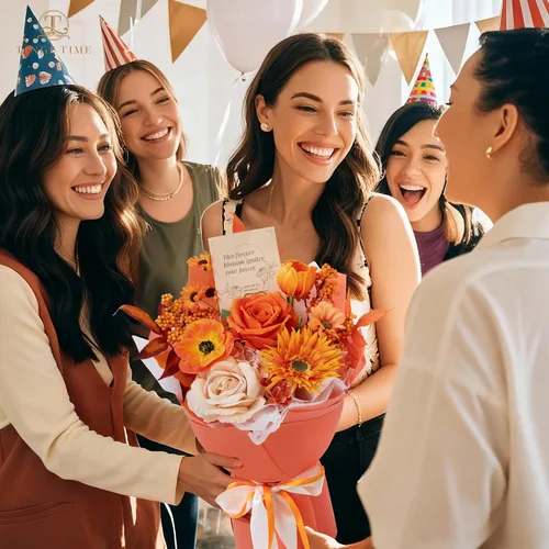 Vista 7 de Ramo de flores preservadas de color naranja, ramo de regalo para mujeres, regalo de flores falsas eternas para Navidad, aniversario, cumpleaños