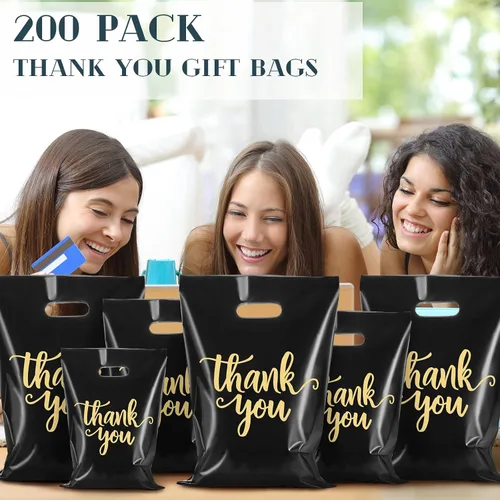 Vista 7 de 200 bolsas de plástico de agradecimiento con asas, bolsas de plástico troqueladas, bolsas de mercancía de compras a granel, 3 tamaños, paquete