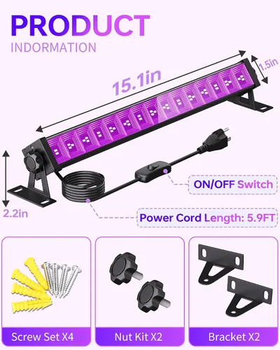 Vista 3 de Paquete de 2 luces LED negras de 42 W, barras de luz negra con enchufe+interruptor+cable de 6 pies, luz negra para fiesta brillante, póster