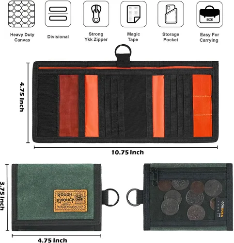 Vista 5 de Rough Enough - Cartera para niños y adolescentes hombres carteras con llavero táctico mosquetón lona verde militar Verde militar Casual