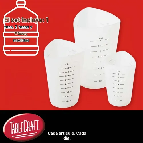 Vista 2 de Tablecraft Vasos medidores flexibles, silicona, juego de 3, incluye: 1, 2 y 4 tazas, color blanco
