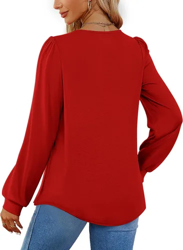Vista 5 de Funlingo 2023 - Blusas de manga larga para mujer, estilo túnica, plisadas, con cuello cuadrado, estilo casual, holgadas