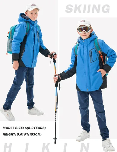 Vista 6 de MoFiz Boys Waterproof Skiing Jacket Kids Hooded Fleece Winter Snowboard Jackets Windproof Warm Outerwear with Zip Pockets