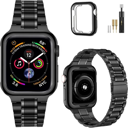 Vista 17 de MioHHR - Correas sólidas de acero inoxidable compatibles con Apple Watch de 38 mm, 40 mm, 41 mm, correa de metal con estuche suave de TPU para Negro