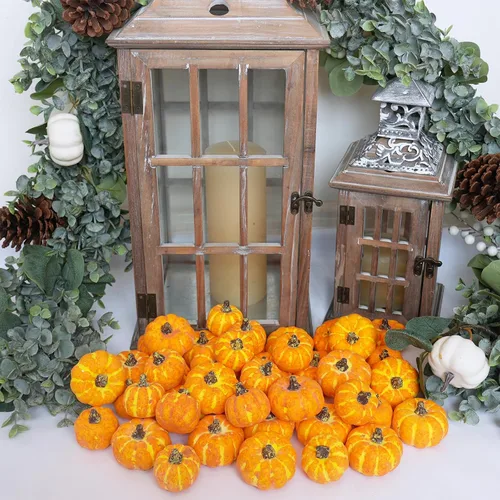 Vista 9 de Winlyn 48 mini calabazas artificiales naranjas artificiales de otoño de cosecha rústica de espuma sintética de 1.8 pulgadas 2.1 pulgadas para centro