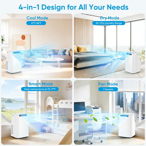 Vista 3 de Aire acondicionado portátil de 12000 BTU para refrigeración de habitaciones de hasta 500 pies cuadrados, unidad de CA portátil silenciosa 3 en 1