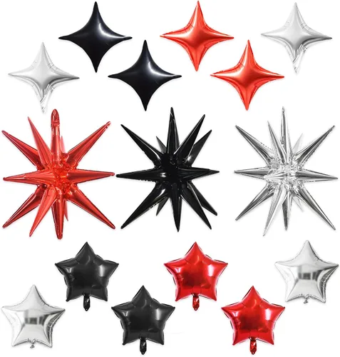 Vista 32 de TONIFUL 4 globos 4D enormes de estrella negra de 22 pulgadas, globos de aluminio de Mylar de estrella explosión para suministros de fiesta, telón
