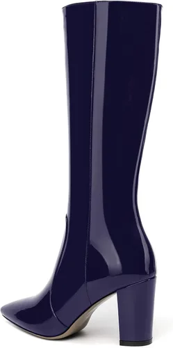 Vista 77 de AMBELIGHT Botas altas hasta la rodilla con cremallera y puntera puntiaguda para mujer, de patente sólida, tacón alto, 3.3 pulgadas