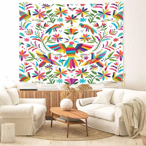 Vista 5 de Bzhilja Tapiz mexicano, tapiz tradicional mexicano con diseño de pájaro azul otomi, diseño brillante, flores de cachemira, tapiz de color étnico