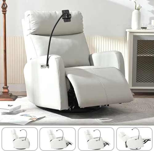 Vista 3 de Mecedora reclinable giratoria, mecedora de 270° con puertos USB para sala de estar, guardería, oficina, dormitorio, respaldo ergonómico, mecedoras