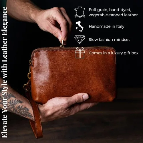 Vista 2 de Time Resistance Bolso de mano de cuero para hombre - Bolsa organizadora para hombres - Bolso de muñeca - Maletín hecho a mano en Italia - Caja