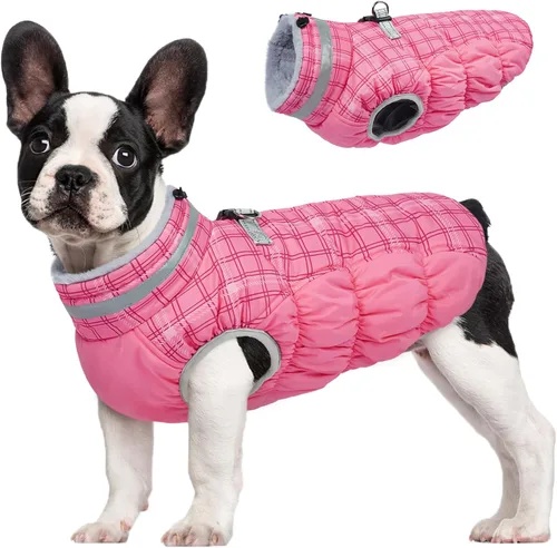 Vista 54 de Abrigo para perro, chaqueta cálida de invierno, acolchada, de vellón, chaleco reflectante con arnés, chaqueta de nieve impermeable con cremallera, a