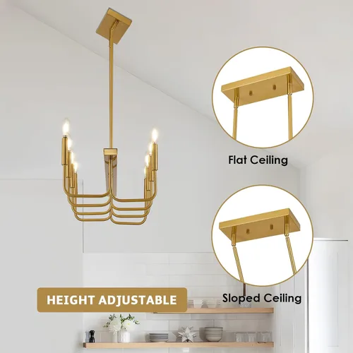 Vista 7 de Lámparas de comedor rectangulares sobre la mesa, candelabros lineales para comedor, candelabro moderno de 8 luces en oro cepillado, luces de isla