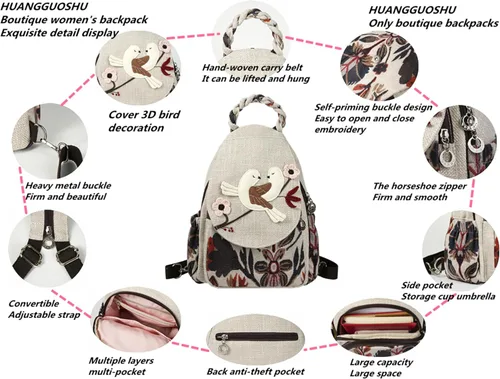Vista 104 de HUANGGUOSHU Mochila de algodón tejida de algodón bohemio con bordado de lona estilo bohemio con múltiples bolsillos retro linda mochila cartera
