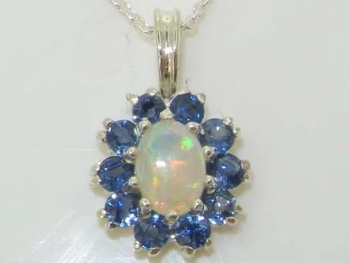 Vista 2 de Señoras plata de ley 925sólida Ornate Natural Opal & Blue Sapphire Collar con Colgante de Oval