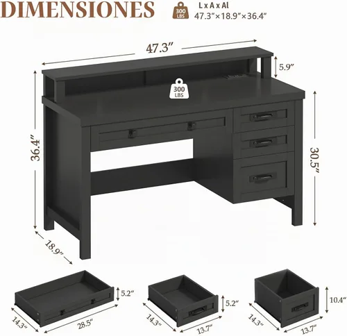 Vista 2 de YOMILUVE Escritorio para computadora de granja con cajones, escritorio pequeño para computadora de 47 pulgadas con tomas de corriente, escritorio