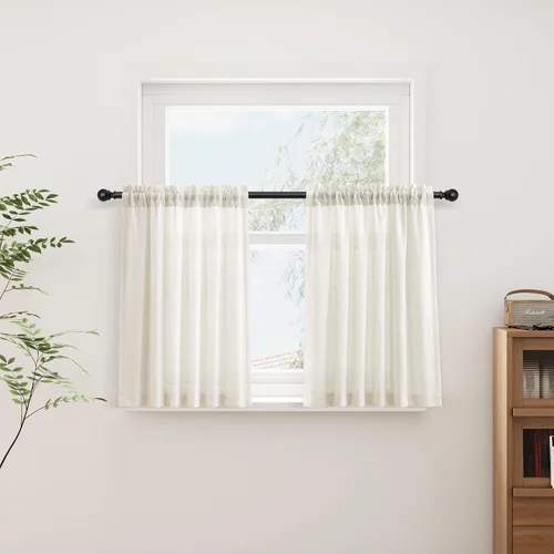 Vista 93 de Cortinas de lino verde aguamarina de 84 pulgadas de largo, juego de 2 paneles semitransparentes con bolsillo para barra para comedor, decoración