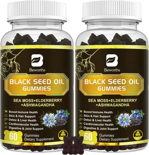 Vista 8 de Gomitas de aceite de semilla negra con Ashwagandha y musgo marino irlandés y saúco, suplemento de apoyo inmunológico con vitamina C, D3, zinc