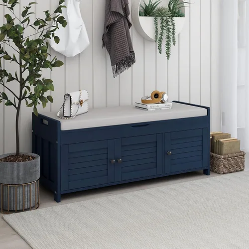 Vista 17 de SOFTSEA Banco de Almacenamiento Tapizado, Otomana de Almacenamiento con Cesta Removible y 2 Cajones, Banco de Zapatos de Estilo Granja con Cojín