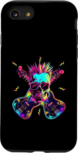 Vista 13 de iPhone 15 Streetwear Synthwave 80s 90s skull rock music bass guitar Case
