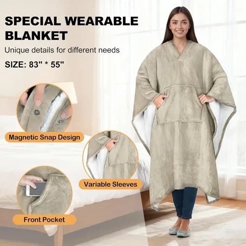 Vista 3 de Catalonia Manta Poncho Sherpa Vestible para Adultos Mujeres Hombres, Manta Capa Envolvente con Bolsillo, Cálida, Suave, Acogedora, Cómoda, Regalo