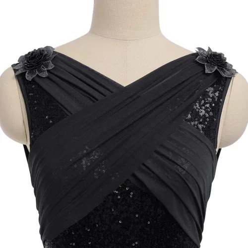 Vista 4 de AFAVOM Disfraz de baile lírico para mujer, vestido de lentejuelas con flores, falda asimétrica de tul fluida, disfraces de danza contemporánea