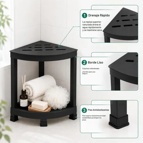 Vista 3 de CROWNFURN Reposapiés de ducha, taburete de ducha impermeable HIPS para ducha interior, banco de ducha de esquina para afeitarse piernas con estante